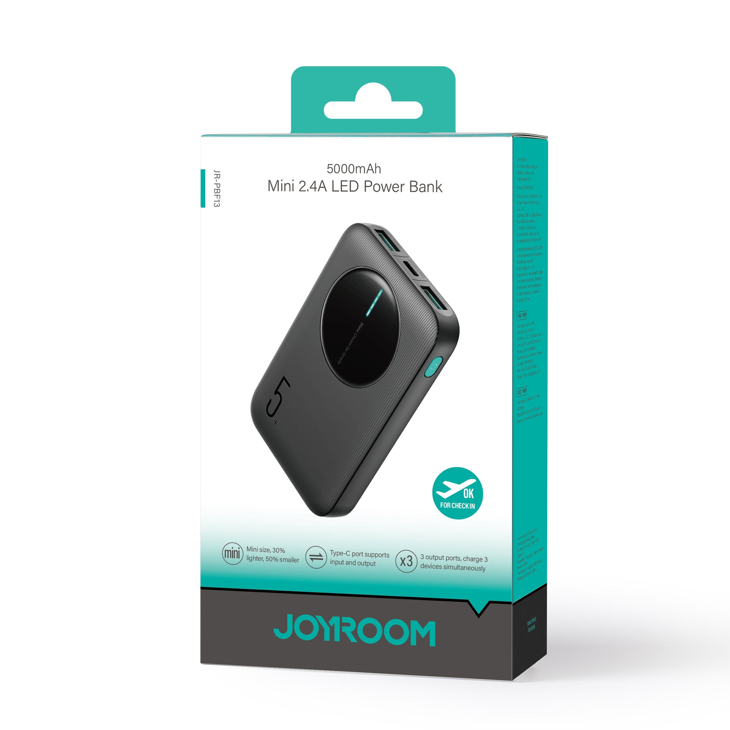 Retail packaging of JOYROOM JR-PBF13 Mini 2.4A LED Power Bank 5000mAh featuring product image, specs, and branding for e-commerce display.