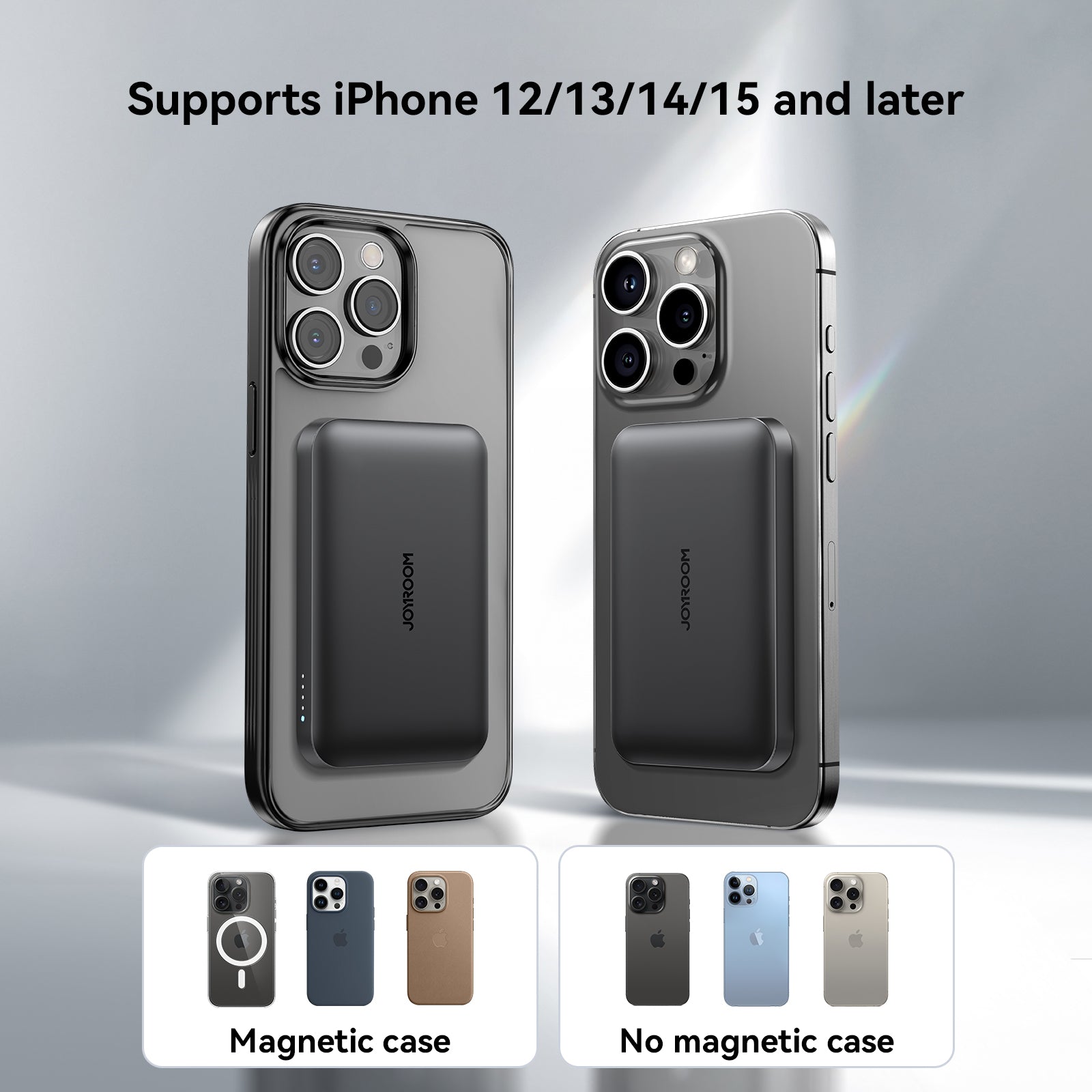 JOYROOM JR-W020 5000mAh magnetic power bank attached to iPhones, compatible with iPhone 12 to 15 series with or without magnetic cases.