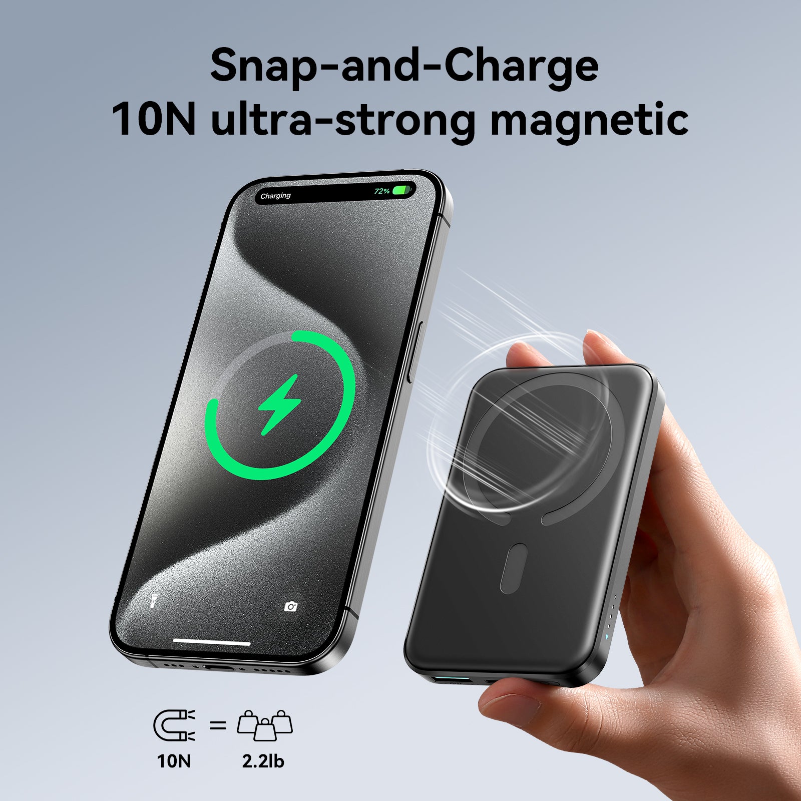 JOYROOM JR-W020 Mini Magnetic Wireless Power Bank with 10N ultra-strong magnetic snap-on charging for iPhones.