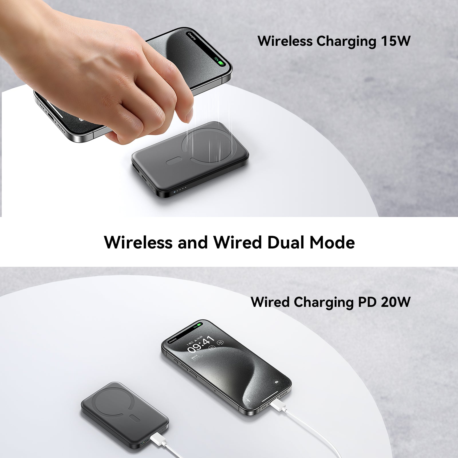 JOYROOM JR-W020 5000mAh power bank supports wireless 15W and wired PD 20W charging modes for versatile use.