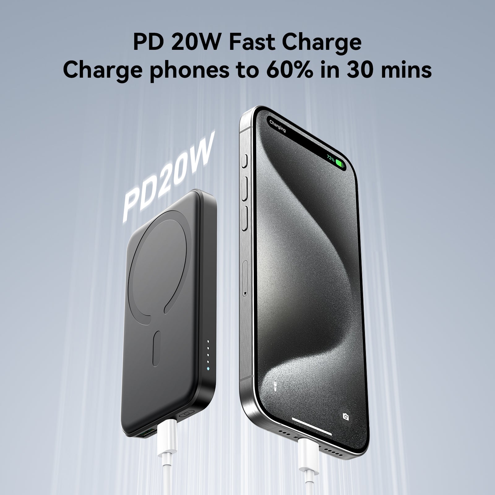 JOYROOM JR-W020 PD 20W fast charging power bank charges phones to 60% in 30 minutes with high-speed wired output.