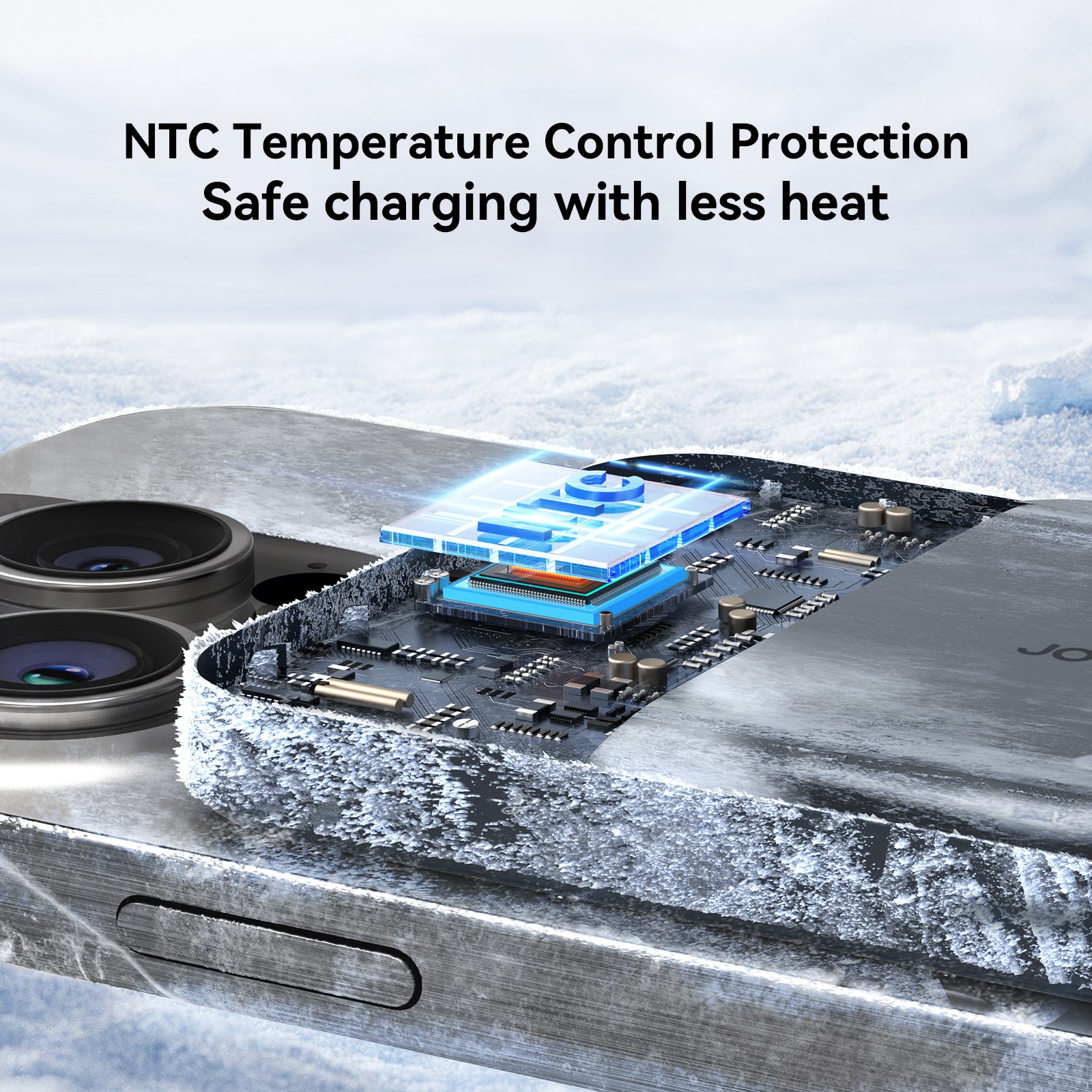 JOYROOM JR-W020 power bank with NTC temperature control for safe, low-heat charging and internal circuit protection.