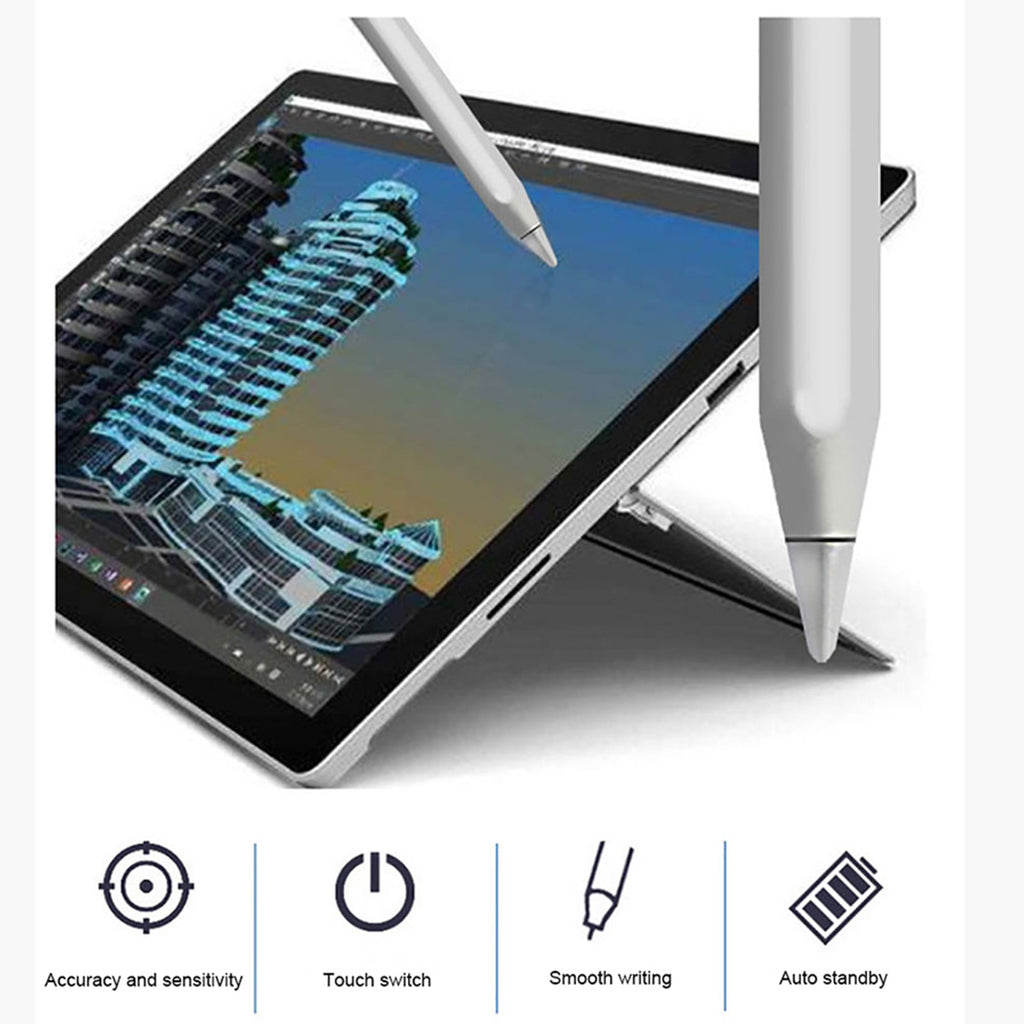 JT18 Universal Stylus Pen used on a tablet for digital drawing. Features accuracy, sensitivity, touch switch, smooth writing, and auto standby.