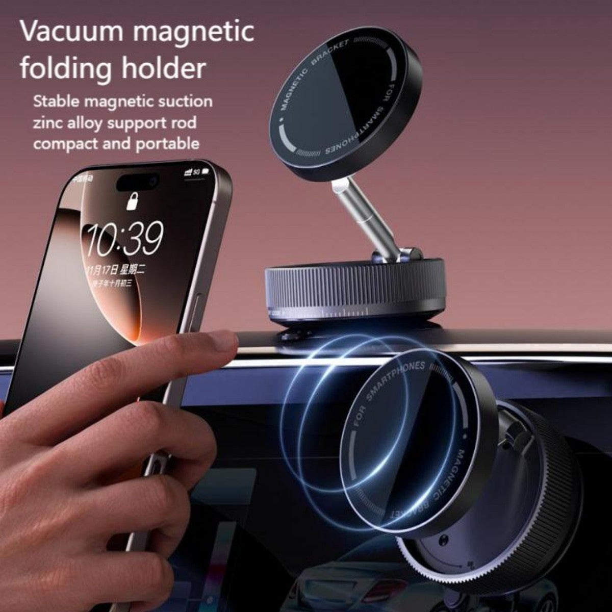 K10A Folding Magnetic Car Phone Holder in use with a smartphone, highlighting its vacuum magnetic suction and zinc alloy support for secure mounting.