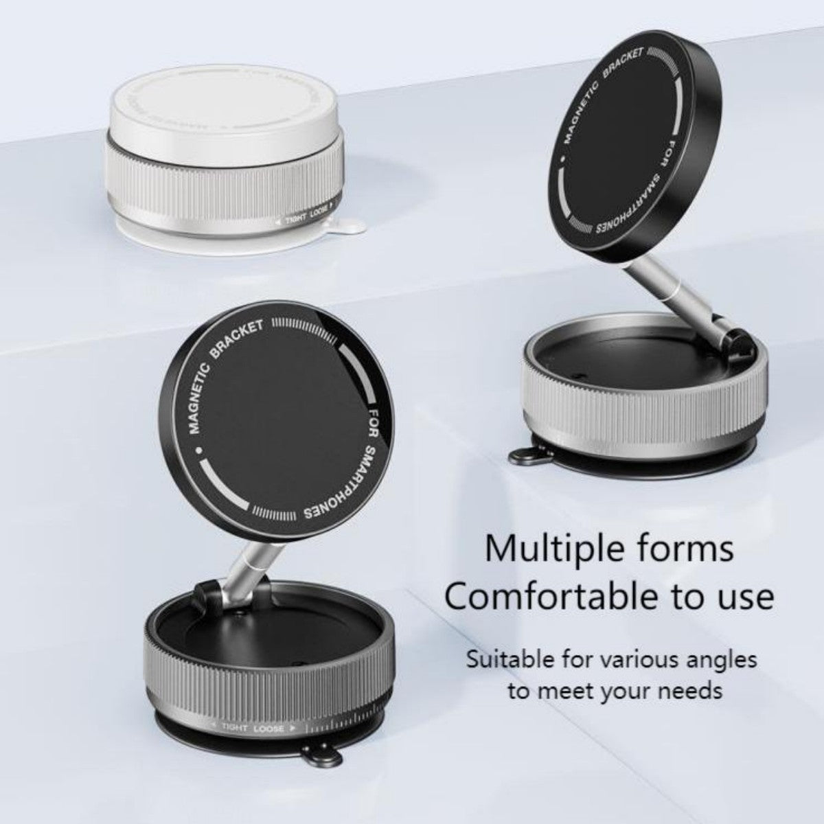 K10A Folding Magnetic Car Phone Holder shown in multiple color options and adjustable angles, designed for comfort and compatibility with all smartphones.