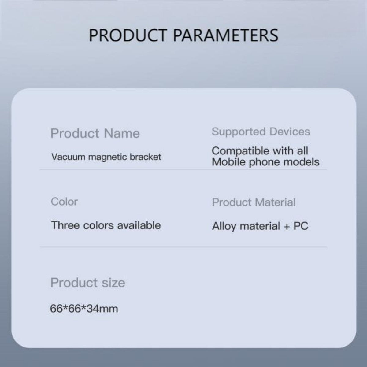 Product parameters of the K10A Folding Magnetic Car Phone Holder, including size, material, color options, and universal mobile phone compatibility.