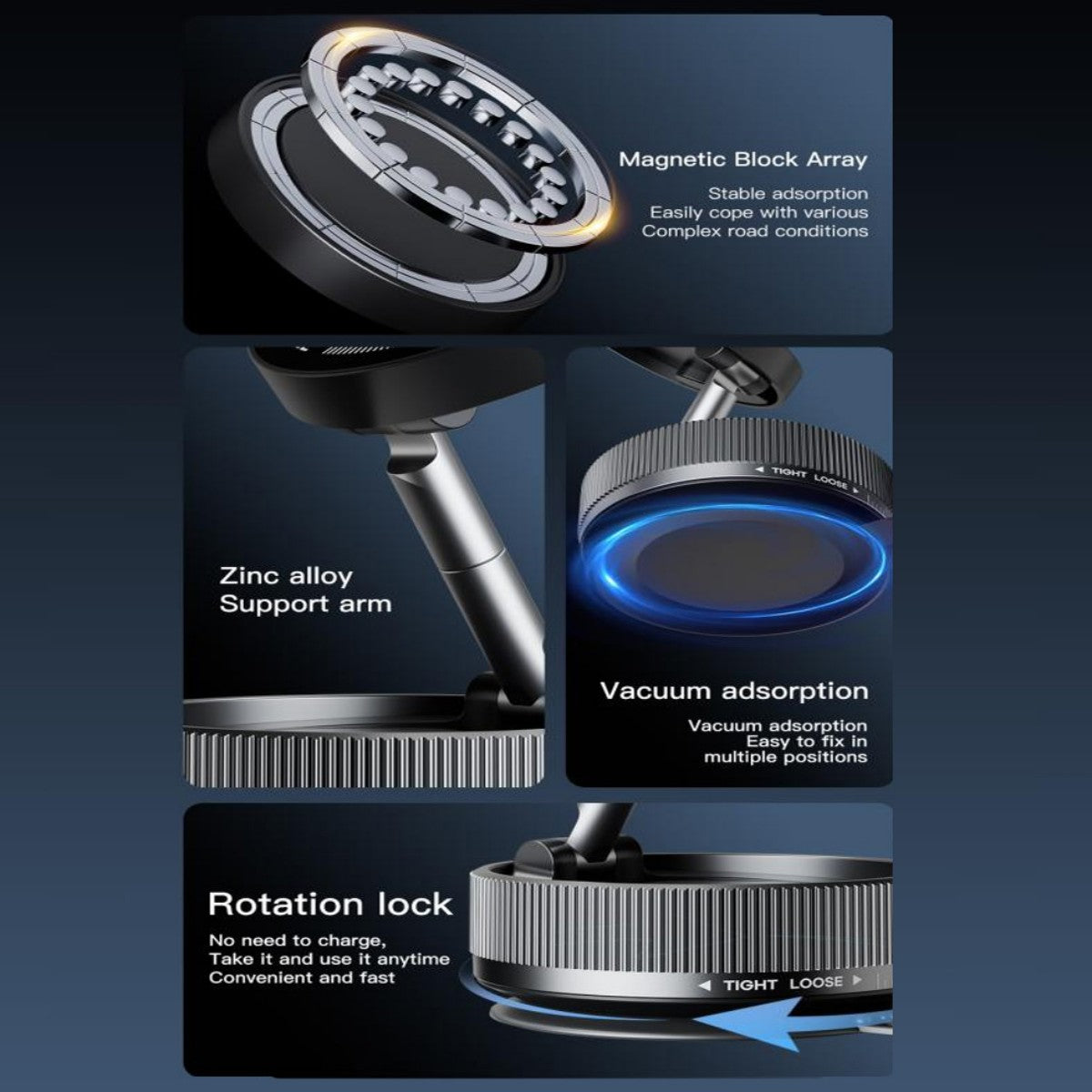 K10A Folding Magnetic Car Phone Holder features magnetic block array, zinc alloy arm, vacuum suction, and rotation lock for stable phone support.