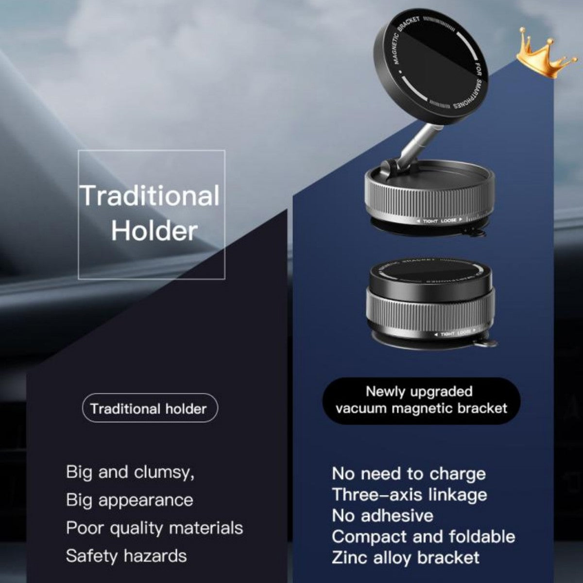 Comparison between traditional holders and the K10A Folding Magnetic Car Phone Holder, emphasizing its compact, foldable, and adhesive-free design.