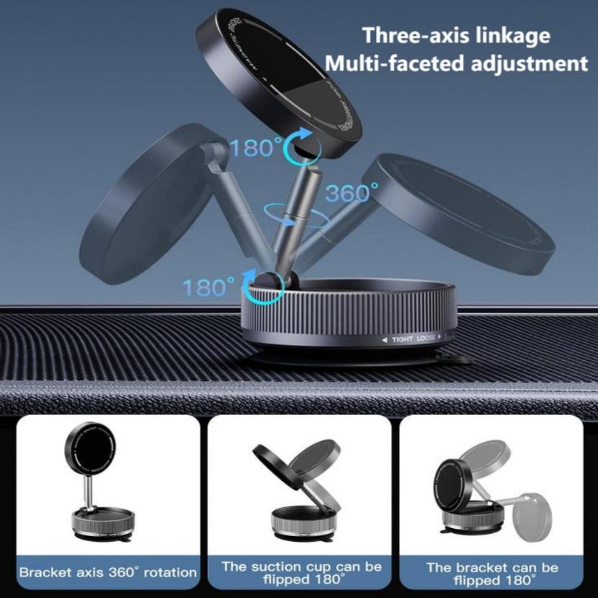 K10A Folding Magnetic Car Phone Holder demonstrating 360° rotation and 180° flip adjustments with three-axis linkage for versatile dashboard mounting.