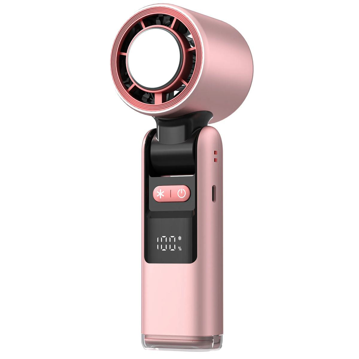 K801 Portable Cooling Handheld Fan with Ice Effect in rose pink, featuring digital display and misting button for instant cooling.