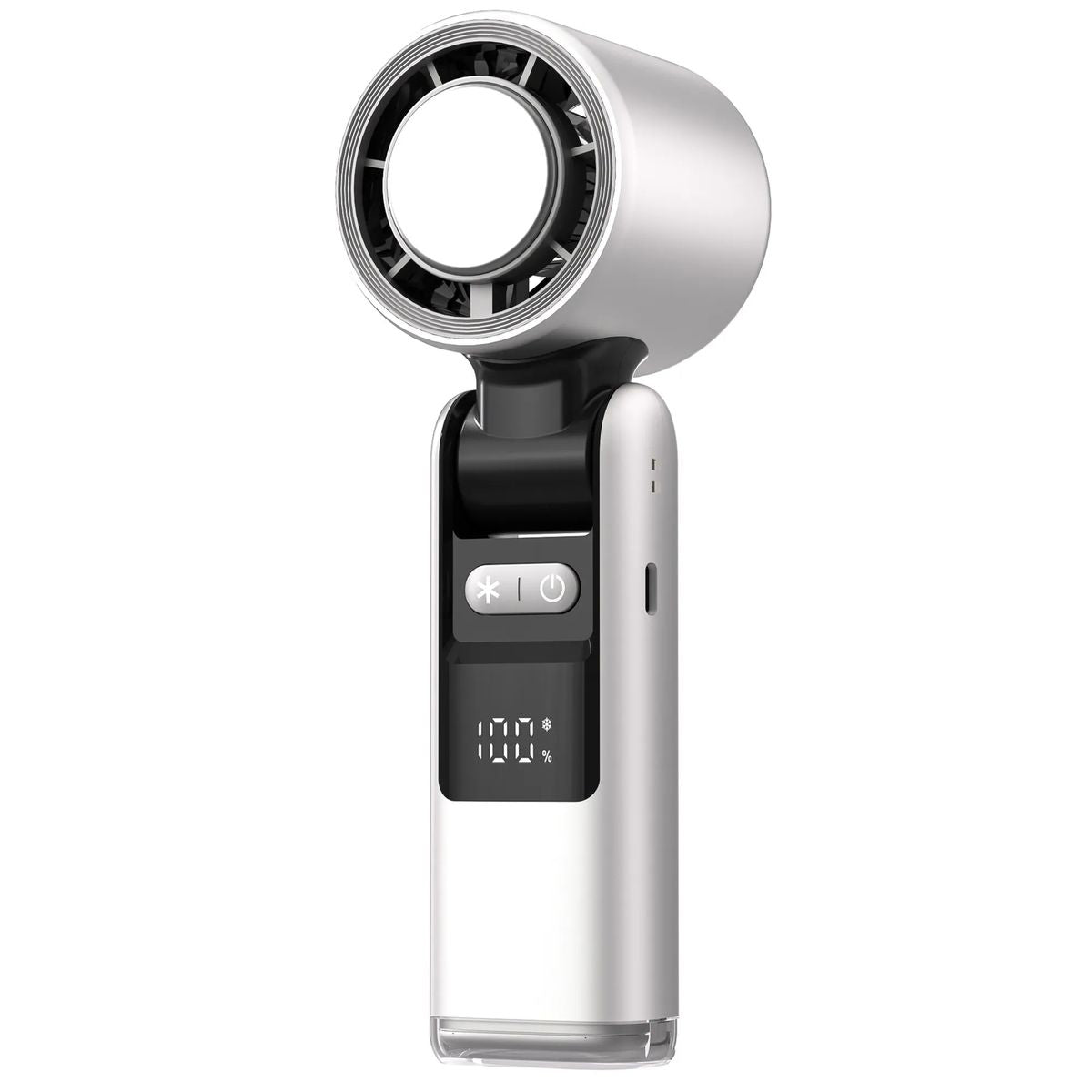 K801 Portable Cooling Handheld Fan with Ice Effect in sleek silver, ideal for travel and outdoor use with built-in ice ceramic cooling.