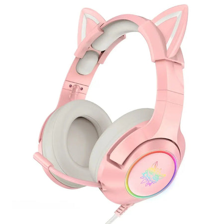 ONIKUMA K9 Elite Stereo Gaming Headset in pink with cat ears, featuring RGB lighting and a built-in microphone for PS4, PC, and Nintendo Switch.