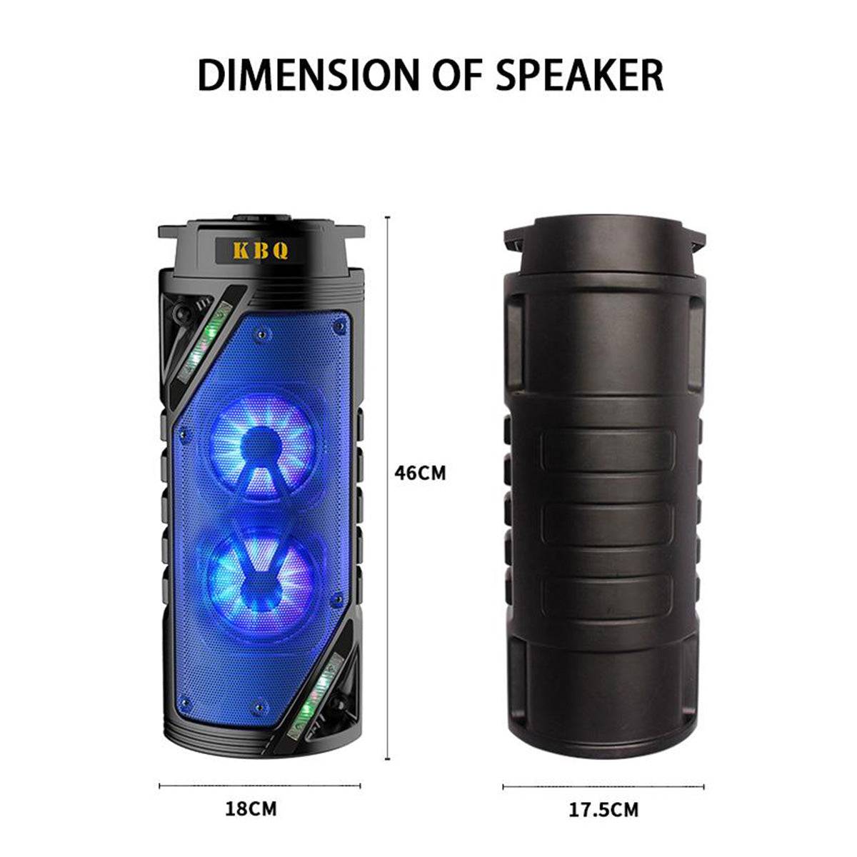 Dimensions of KBQ-1905 Wireless Party Speaker: 46cm height, 18cm width, and 17.5cm depth for a portable design.