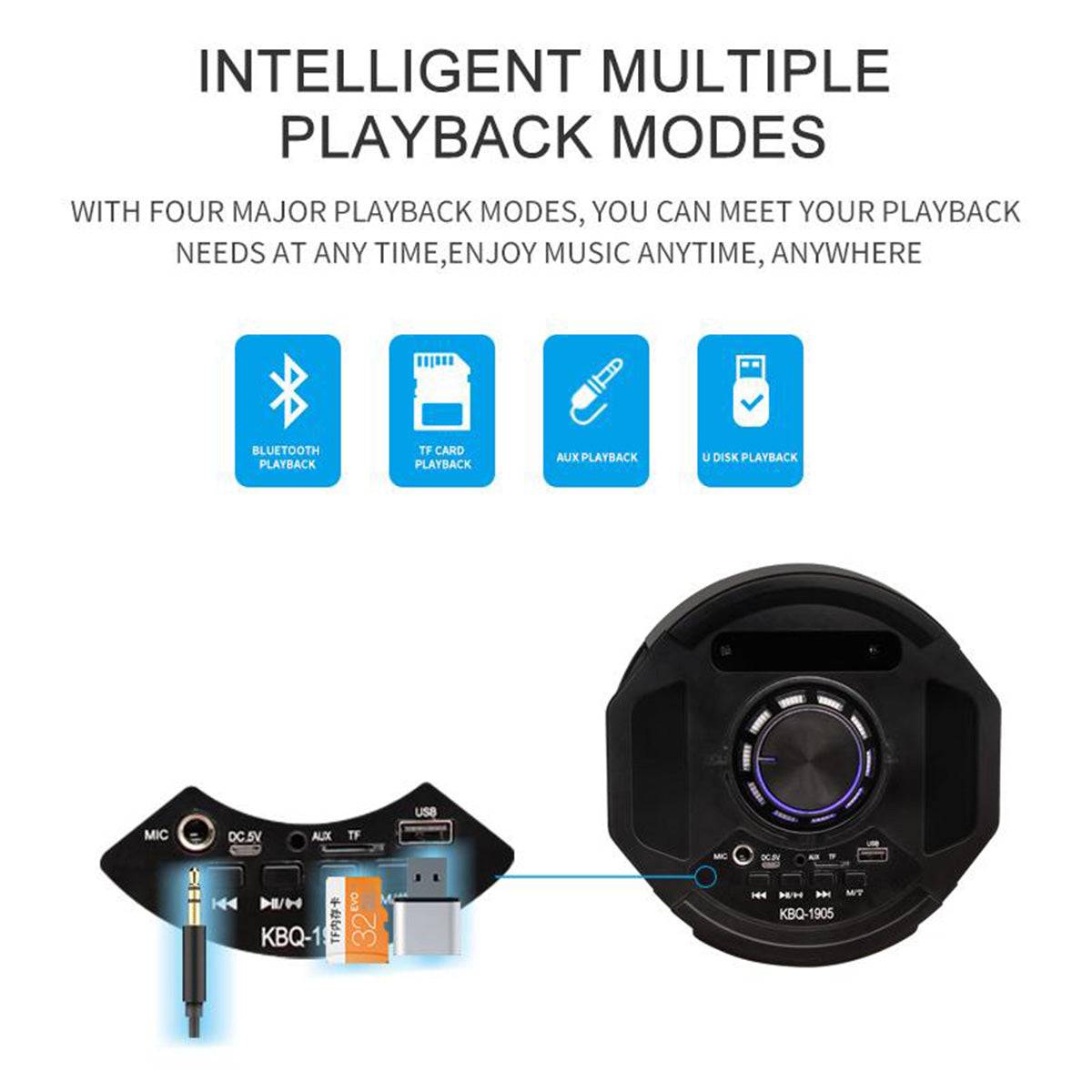 KBQ-1905 Wireless Party Speaker supports Bluetooth, TF card, AUX, and USB playback for versatile music streaming.