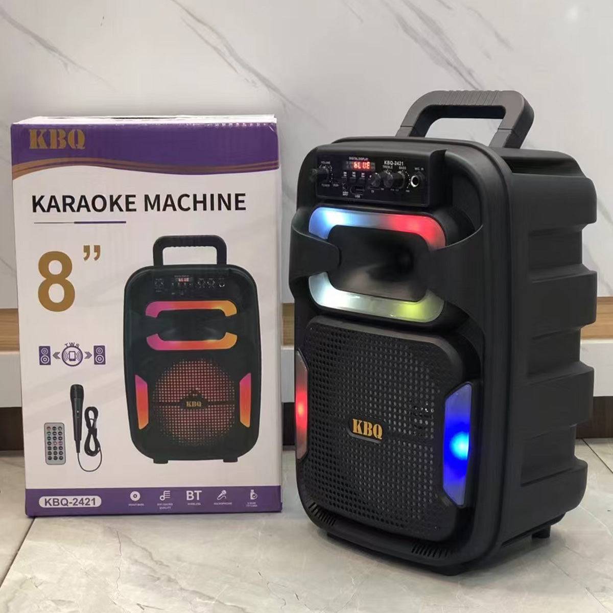 KBQ-2421 Outdoor Bluetooth Karaoke Speaker with Mic displayed next to its packaging, emphasizing its 8-inch speaker, LED lights, and wireless connectivity.