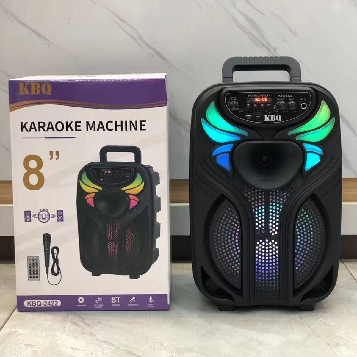 KBQ-2422 Karaoke Machine with an 8-inch speaker, Bluetooth connectivity, LED lights, and included wired microphone.