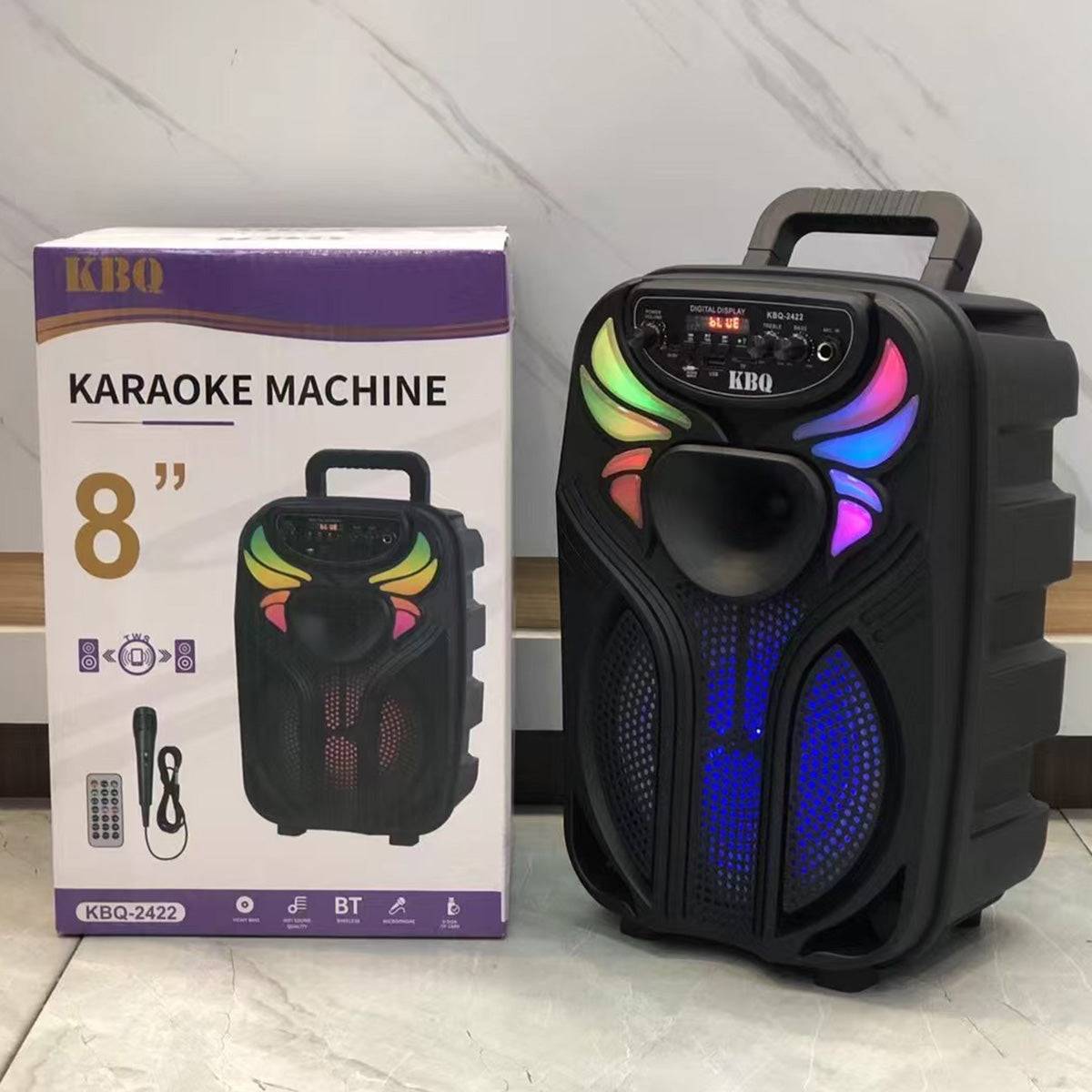 KBQ-2422 Bluetooth Karaoke Speaker with packaging, showcasing LED lights, 8-inch speaker, and wireless connectivity.
