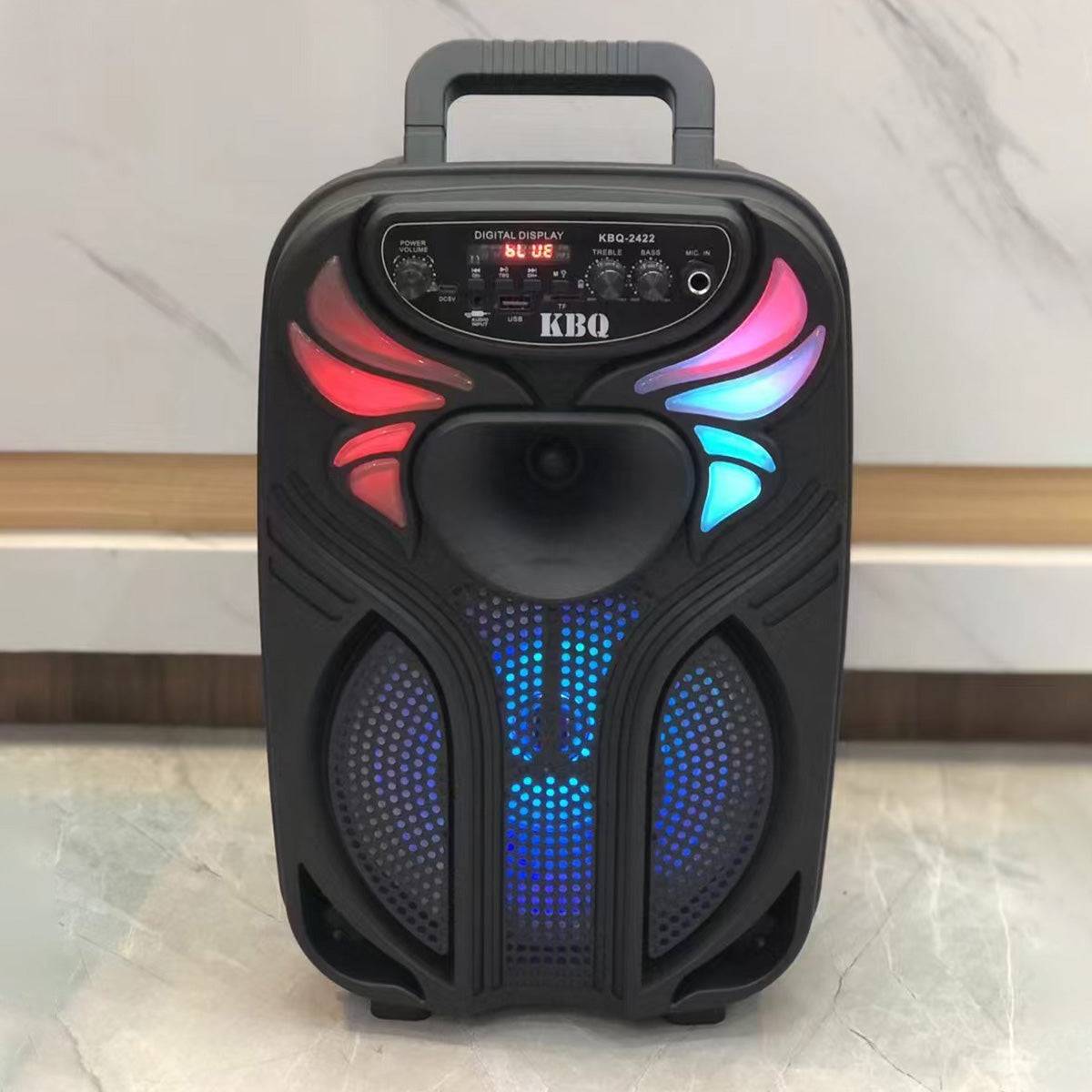 Front view of KBQ-2422 Outdoor Bluetooth Karaoke Speaker with colorful LED lights and digital display.