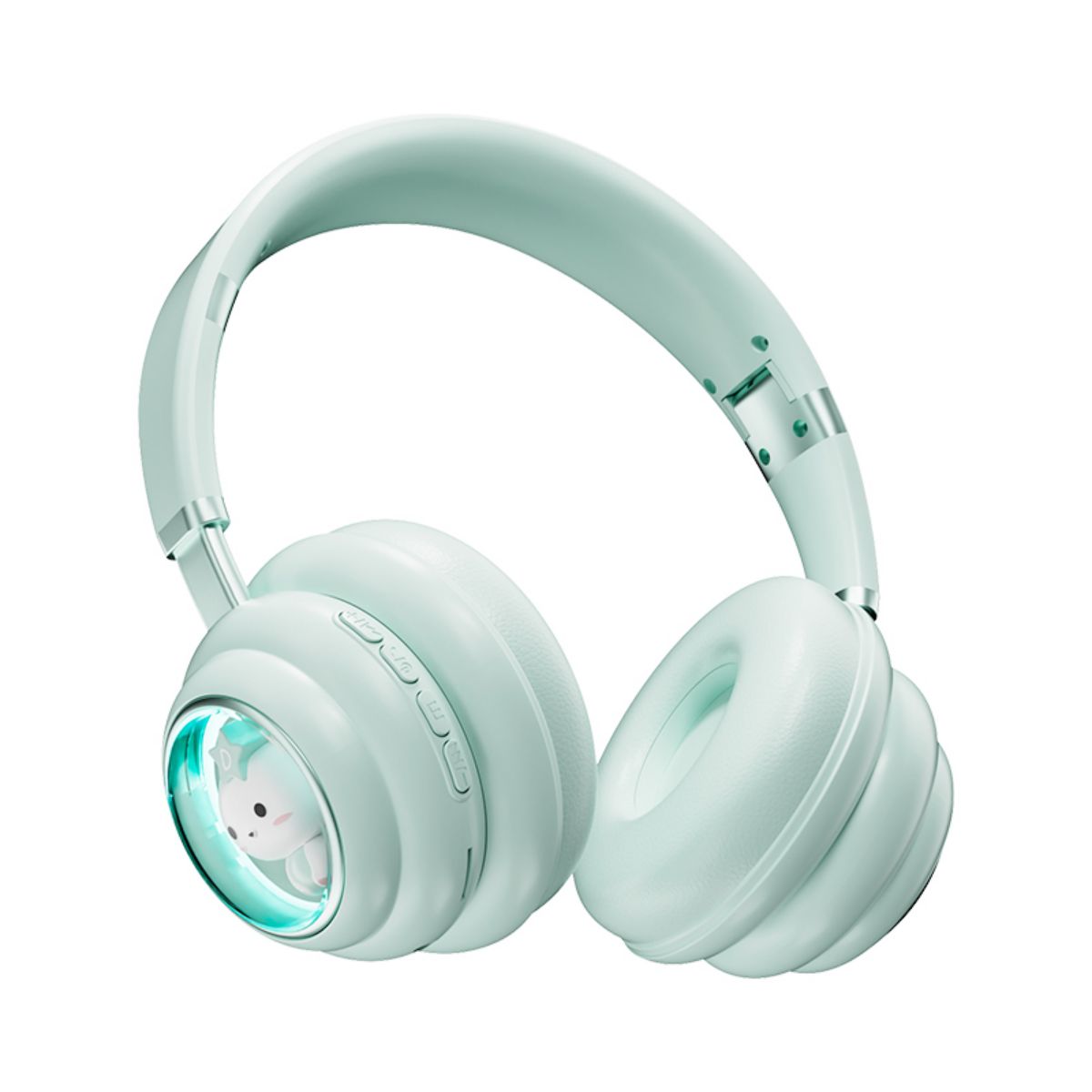 KE-30 Wireless Headphones in mint green with Bluetooth 5.3, plush ear cushions, and a cute cat design inside the ear cups, perfect for kids.