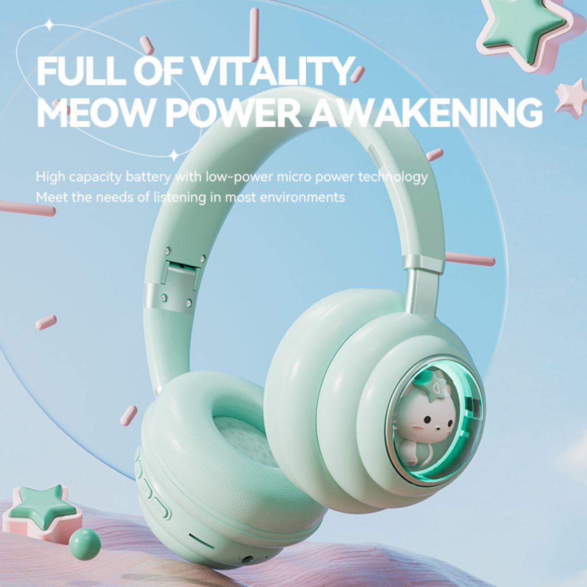 Mint green KE-30 Wireless Headphones with a high-capacity battery and low-power technology, ensuring long-lasting listening for kids.