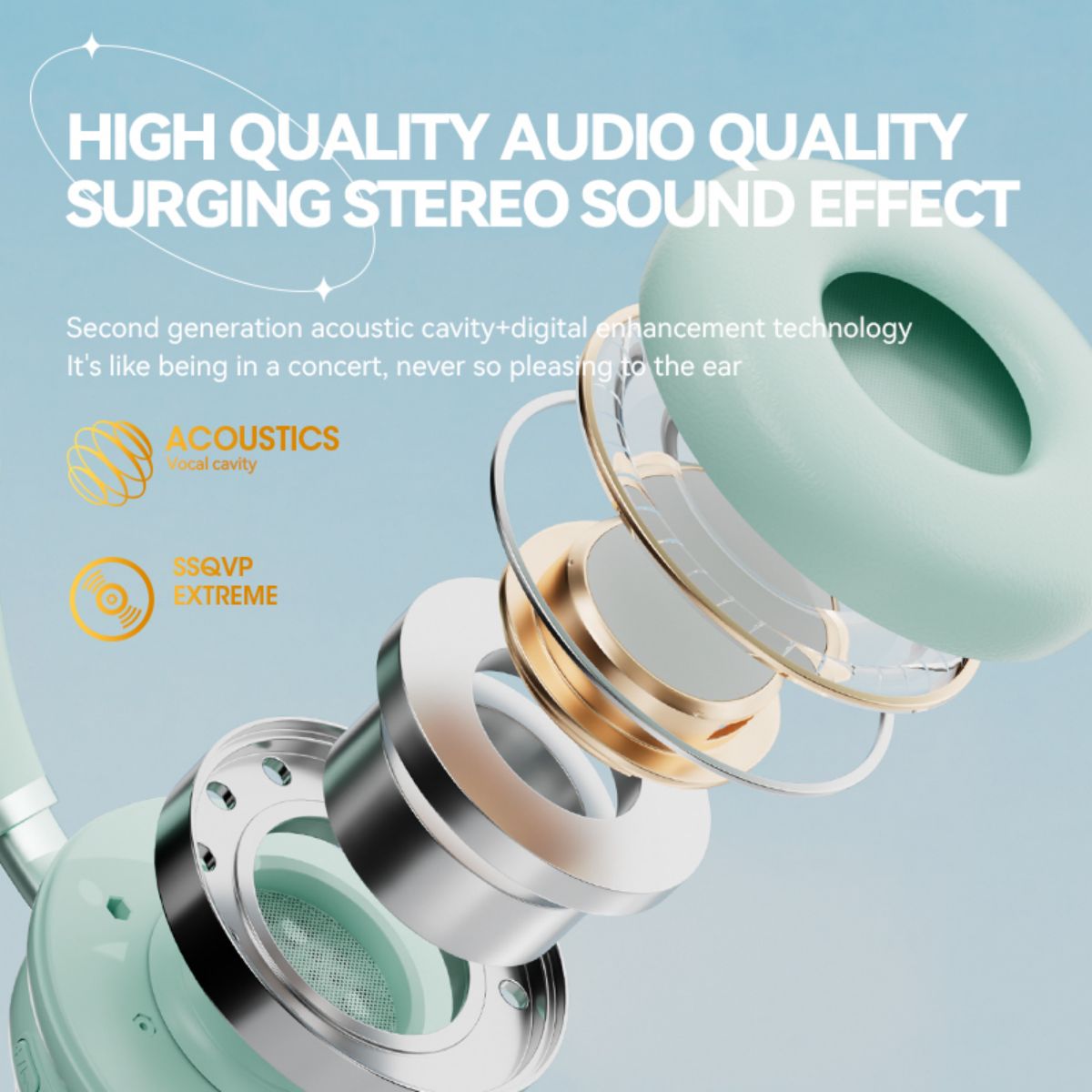 Exploded view of KE-30 Wireless Headphones' acoustic cavity and digital enhancement technology, delivering high-quality stereo sound for kids.