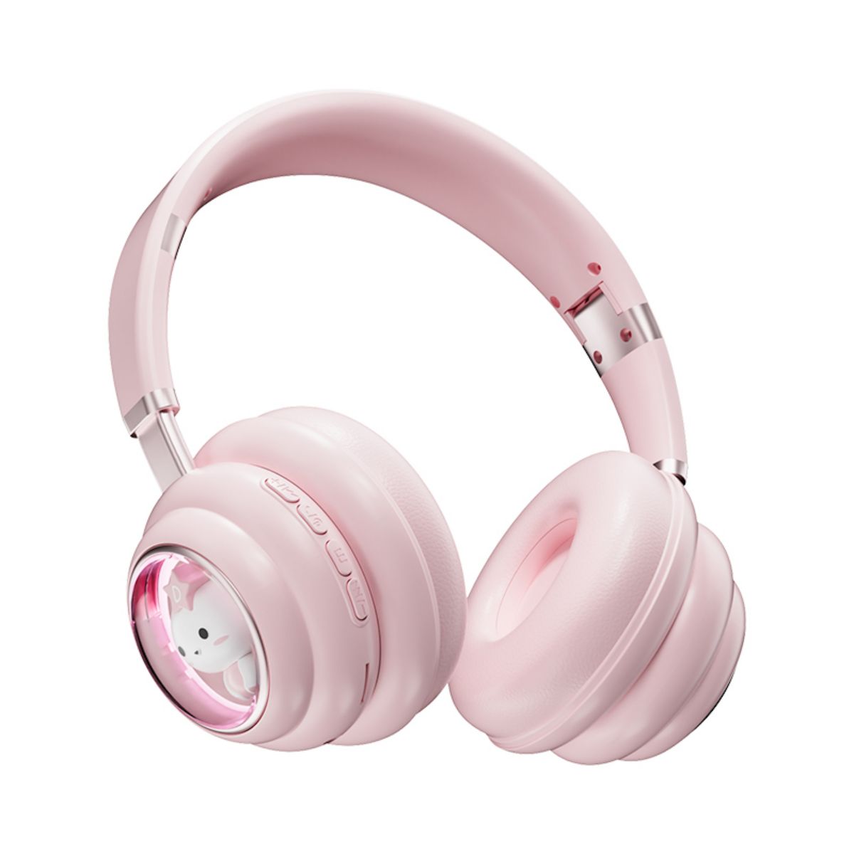 KE-30 Wireless Headphones in soft pink with Bluetooth 5.3, cushioned ear cups, and a charming cat design, ideal for kids and young users.