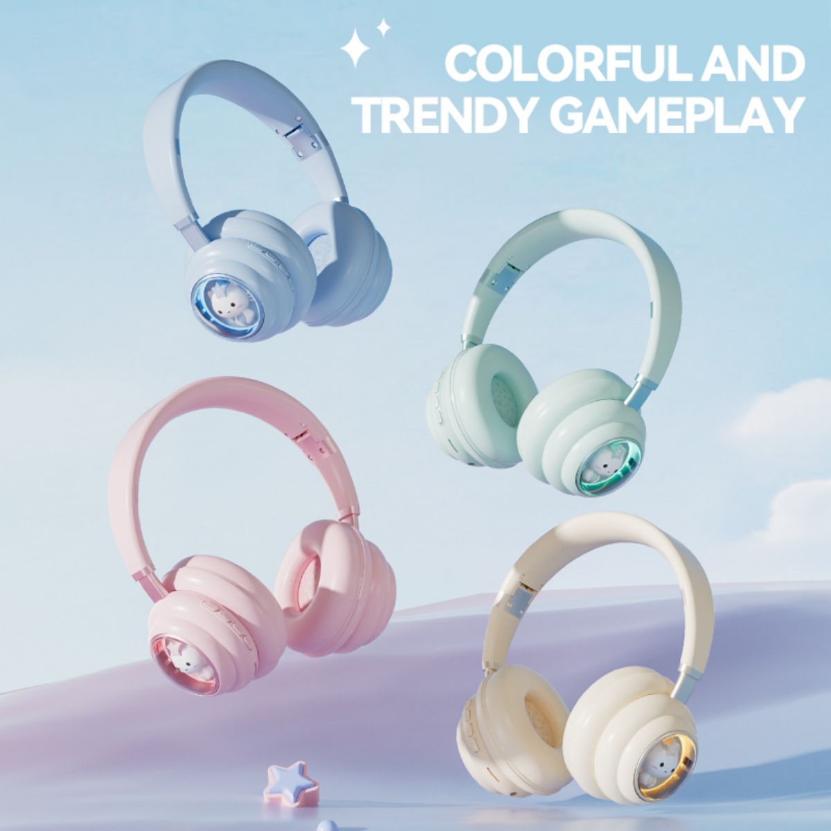 Colorful KE-30 Wireless Headphones in pastel shades of blue, pink, mint green, and beige, featuring a trendy and playful cat-inspired design.