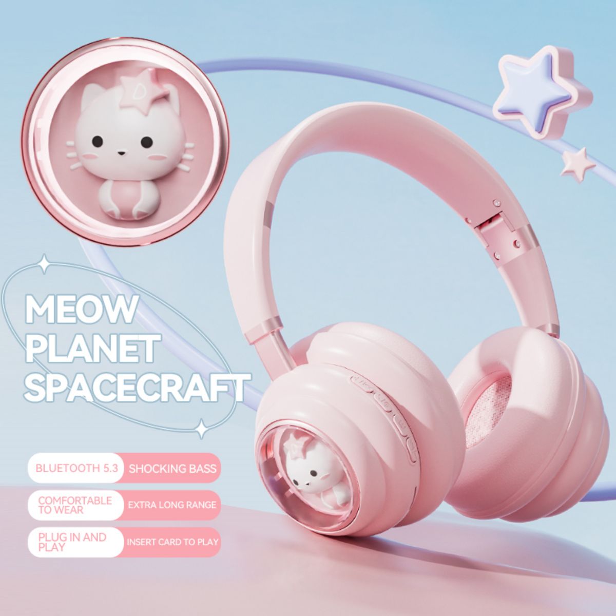 Pink KE-30 Wireless Headphones with a cute cat figure inside the ear cups, Bluetooth 5.3, and comfortable wear, designed for kids.