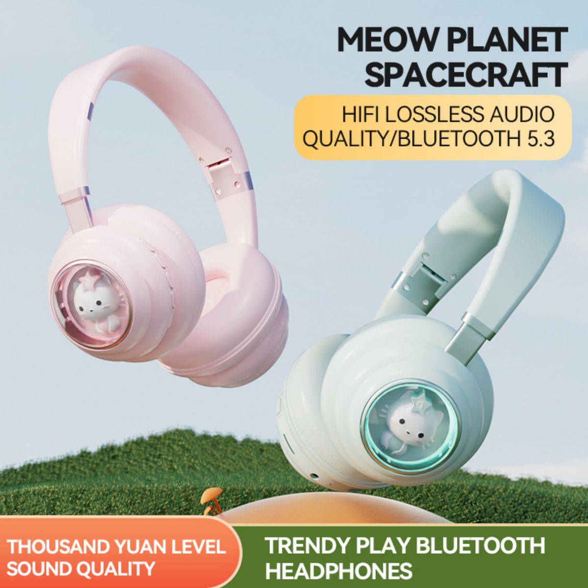 KE-30 Wireless Headphones in pink and mint green, featuring Bluetooth 5.3, HiFi sound quality, and a trendy cat-themed design for kids.