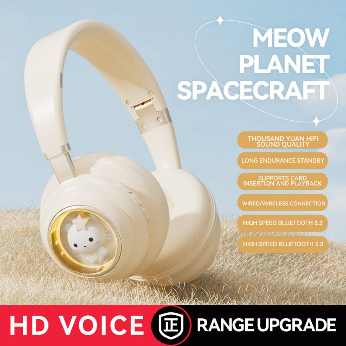 Beige KE-30 Wireless Headphones with Bluetooth 5.3, HD voice, wired/wireless modes, and a cute cat figure inside the ear cups for kids.