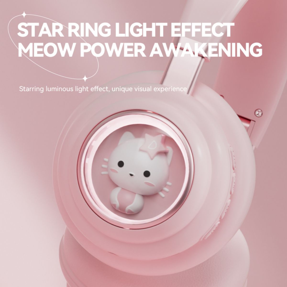Close-up of KE-30 Wireless Headphones' star ring light effect, featuring a glowing cat figure inside the ear cups for a unique visual experience.