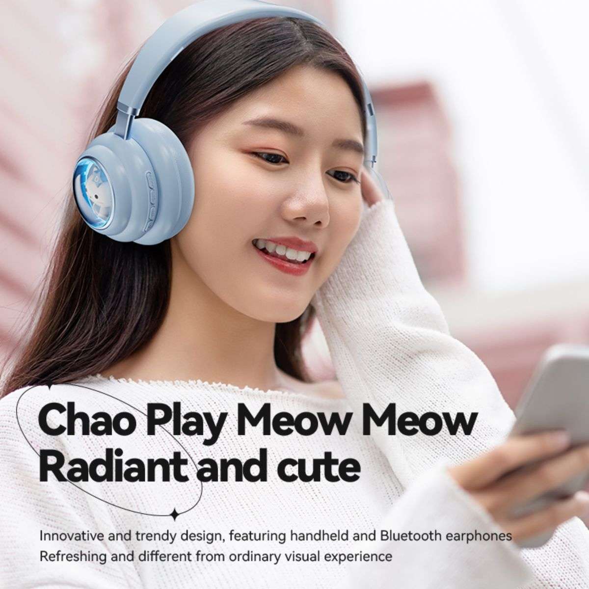 Young woman wearing blue KE-30 Wireless Headphones, enjoying music with a trendy and cute cat-themed design, perfect for kids and teens.