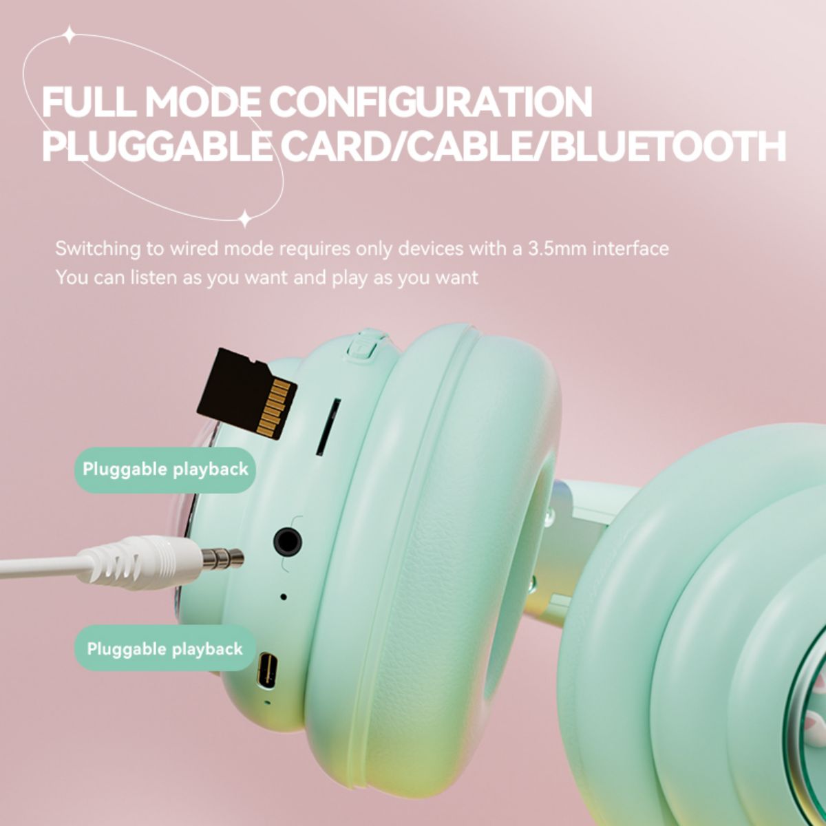 KE-30 Wireless Headphones showcasing full mode configuration with pluggable card, cable, and Bluetooth connectivity for versatile listening options.