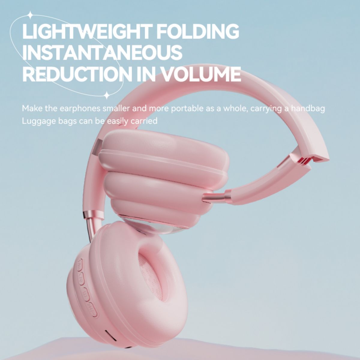 Lightweight and foldable KE-30 Wireless Headphones in pink, designed for portability and easy storage, perfect for kids and travel.
