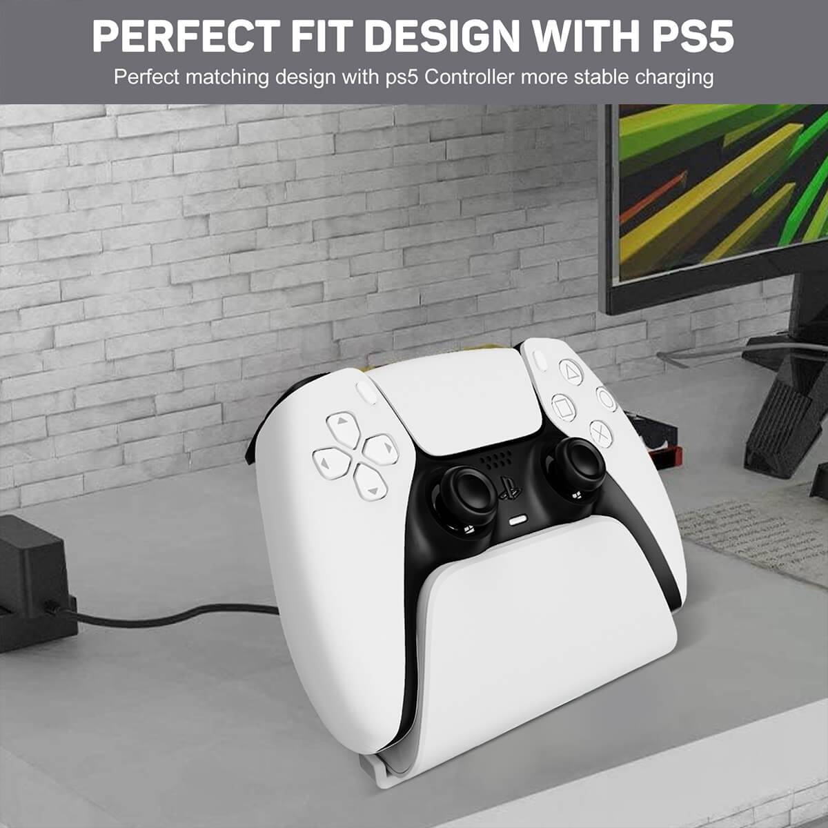 PS5 controller docked on KM05-2 Quick Charging Stand, showcasing perfect fit design for stable and reliable charging.