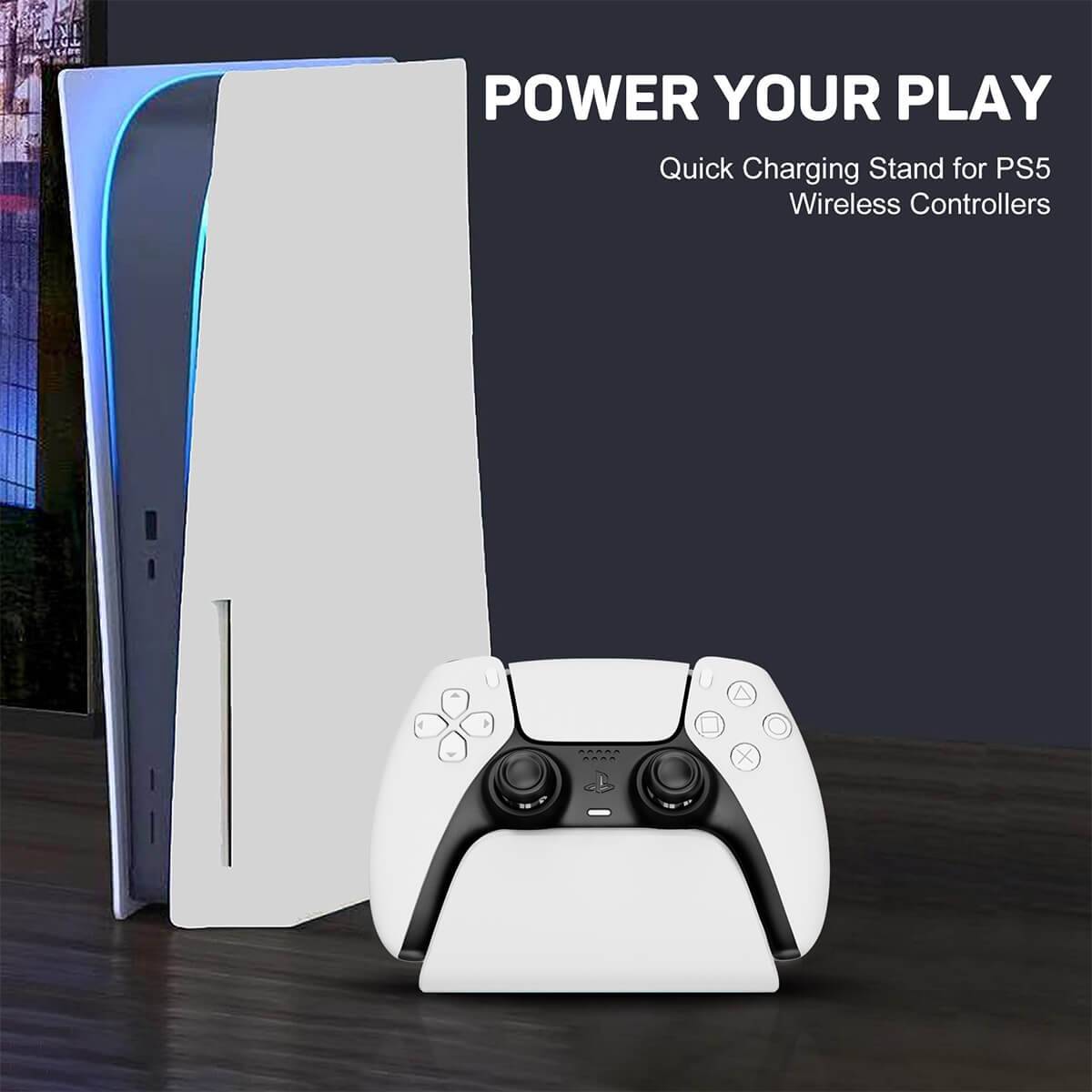 KM05-2 Quick Charging Stand for PS5 controller placed beside a PS5 console, highlighting seamless compatibility and efficient charging.