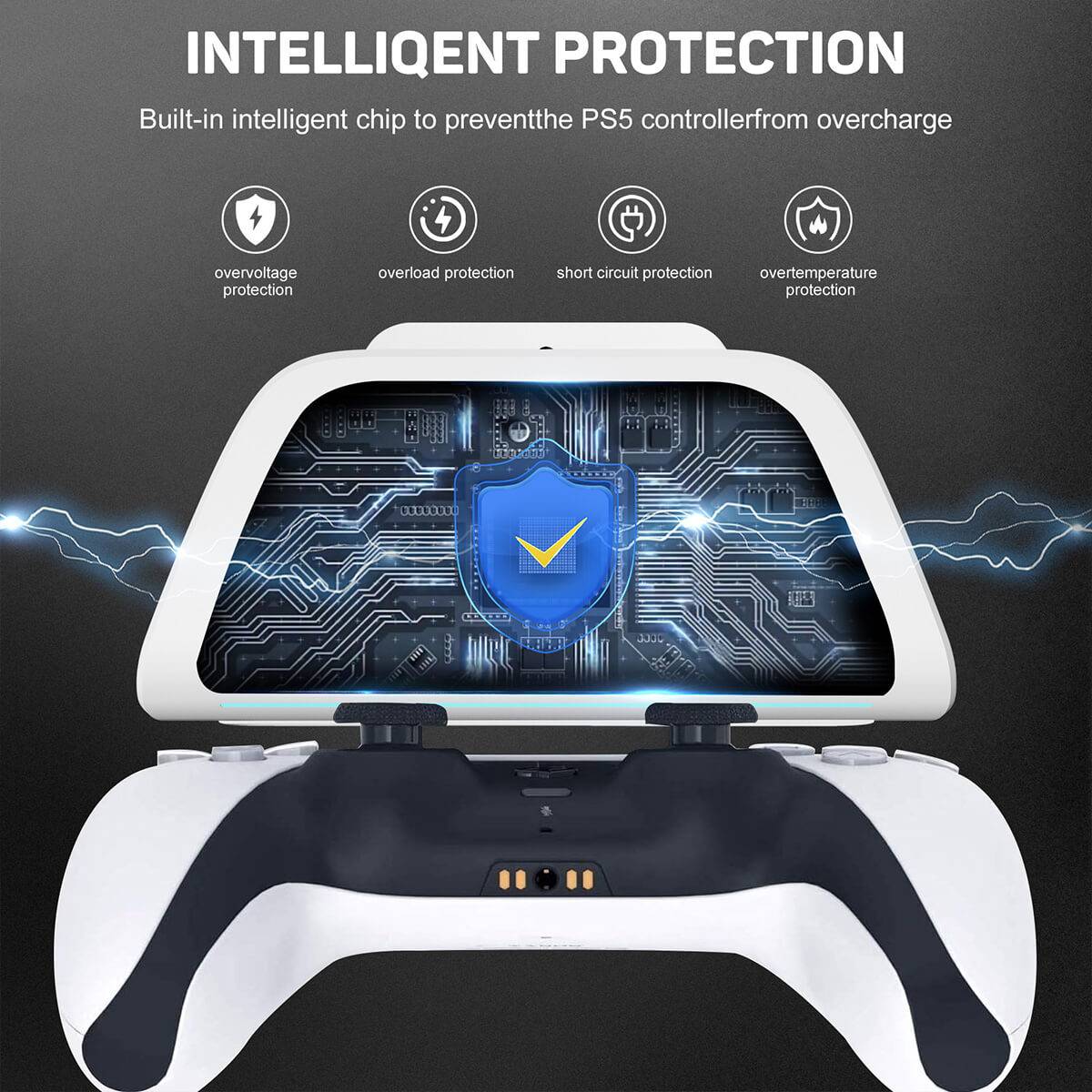 KM05-2 Quick Charging Stand with intelligent protection chip, preventing overcharge, overvoltage, and short circuits for PS5 controllers.