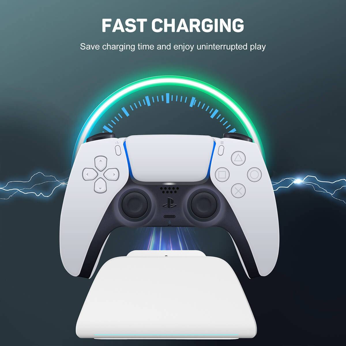 Fast charging KM05-2 stand for PS5 wireless controller with glowing speedometer effect, ensuring quick and uninterrupted gameplay.