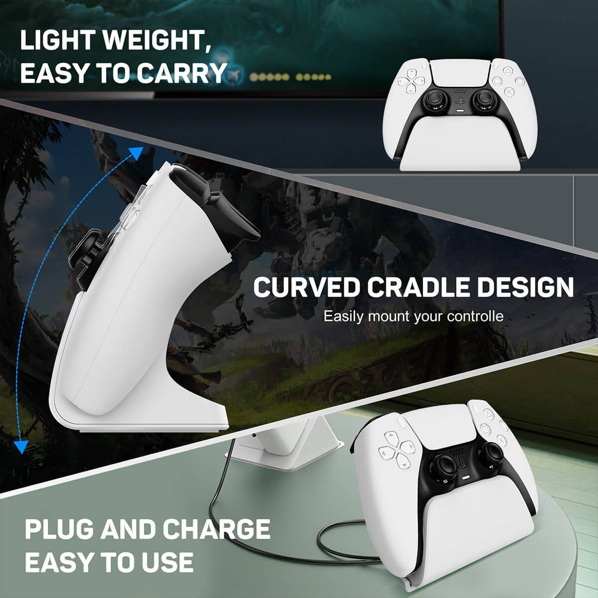 Lightweight and portable KM05-2 Quick Charging Stand with curved cradle design, making it easy to carry and use for PS5 controllers.
