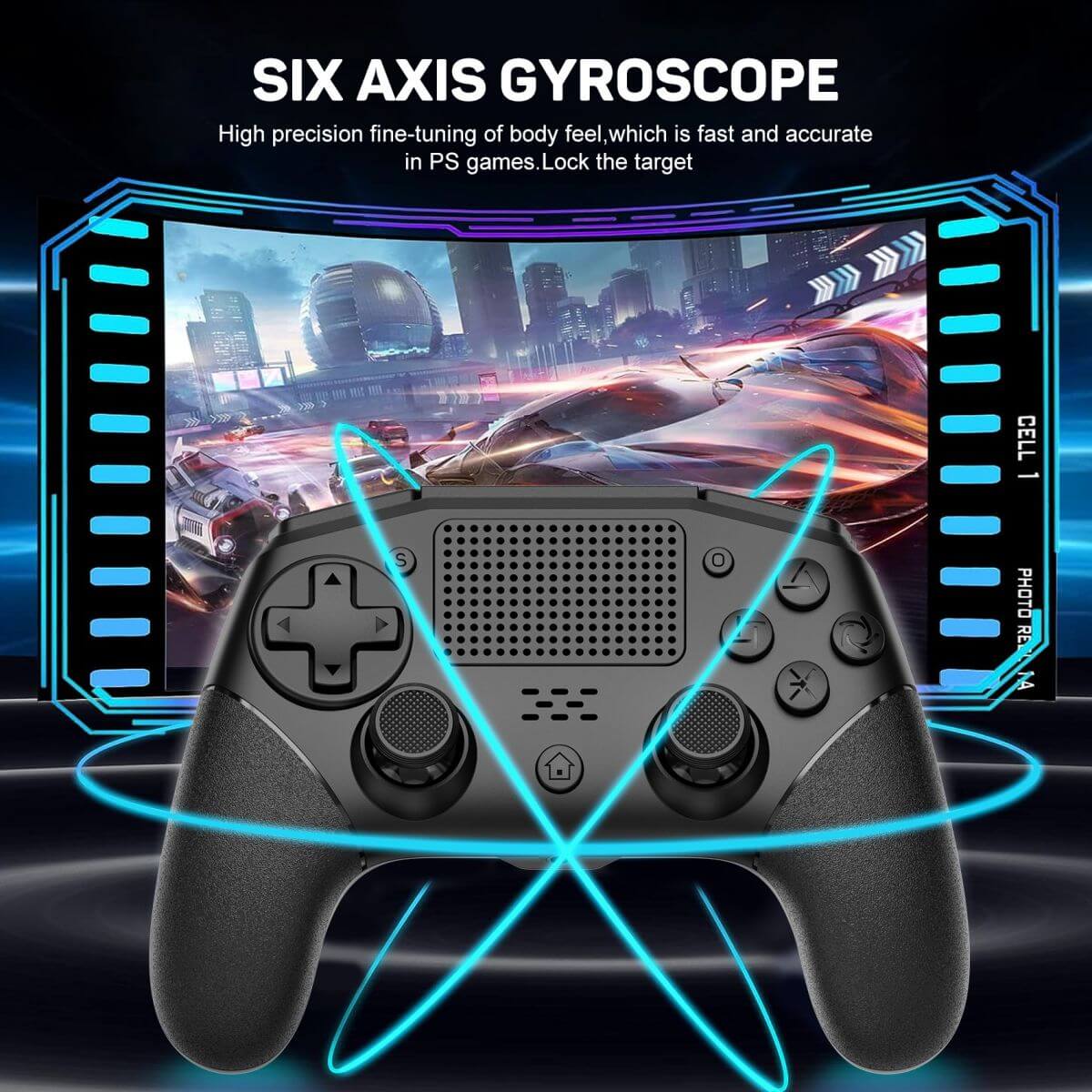 KP02 Wireless PS4 Game Controller with six-axis gyroscope for high-precision motion sensing, enhancing accuracy in PS games.