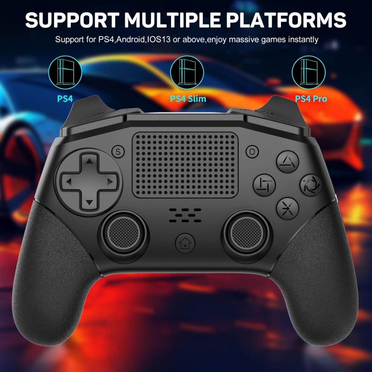 KP02 Wireless PS4 Game Controller supports multiple platforms including PS4, PS4 Slim, and PS4 Pro for seamless gaming compatibility.
