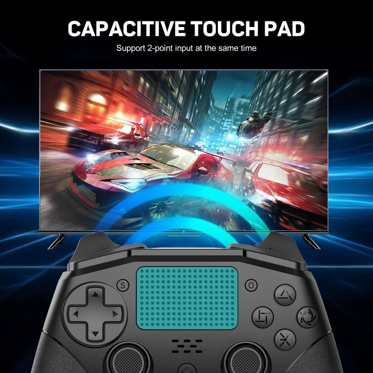 KP02 Wireless PS4 Game Controller with a capacitive touchpad supporting 2-point input for enhanced gaming control.