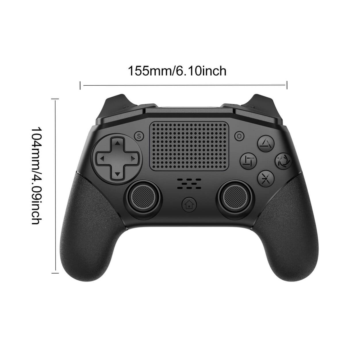 KP02 Wireless PS4 Game Controller dimensions: 155mm x 104mm, designed for a comfortable grip and precise control.