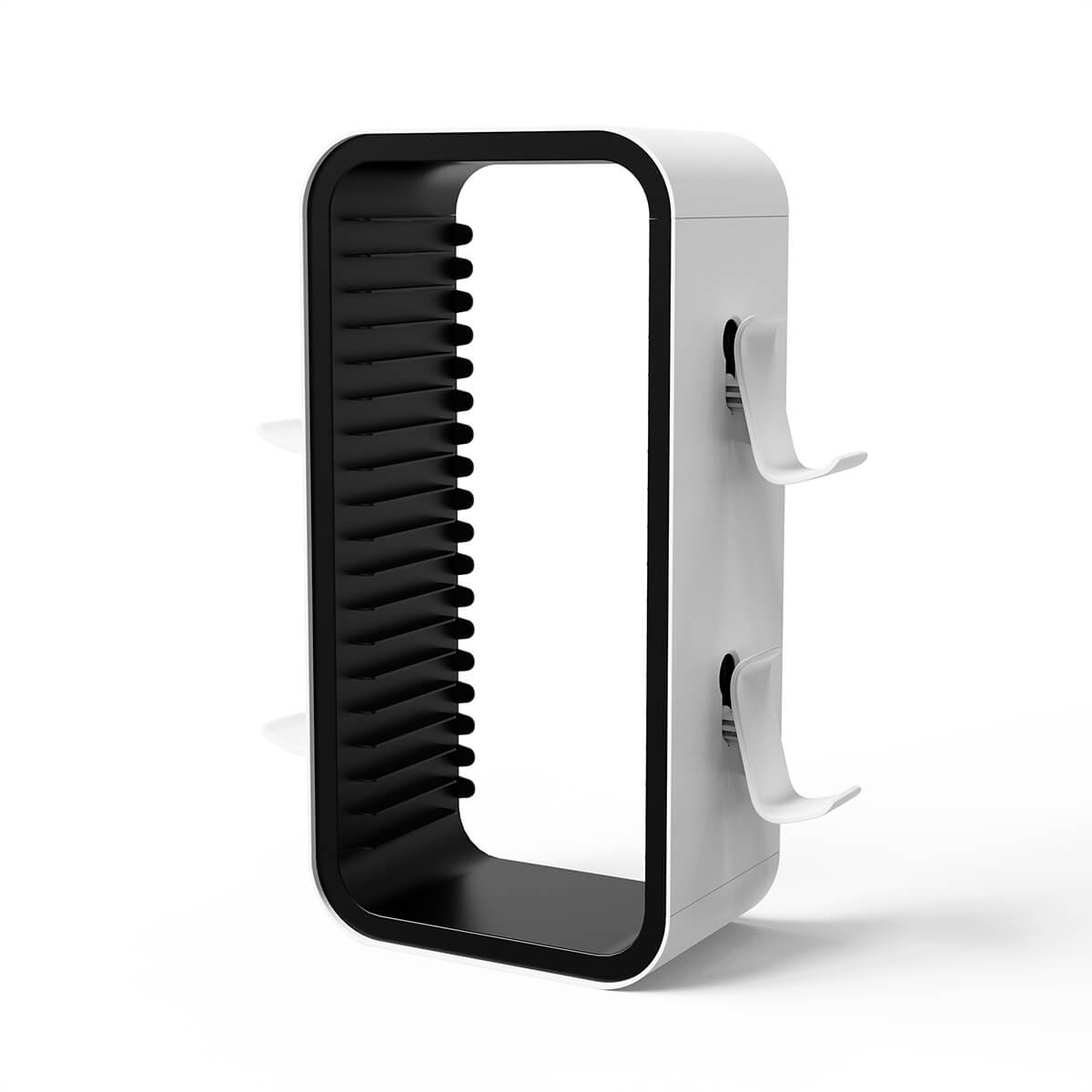 KP06 Game Storage Tower empty frame with side controller brackets. Sturdy and modern design for organizing PS4, PS5, Xbox, and Nintendo Switch games.