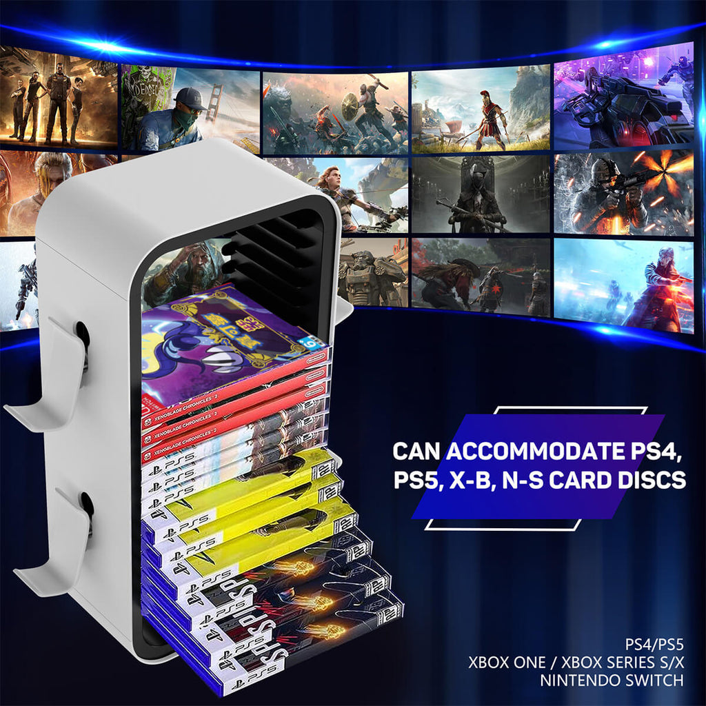 KP06 Game Storage Tower holding PS4, PS5, Xbox, and Nintendo Switch game discs. Compact and efficient design for organizing gaming collections.