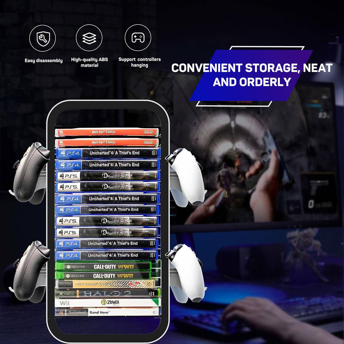 KP06 Game Storage Tower showcasing neatly arranged game discs with attached controller brackets. Ideal for keeping gaming accessories organized.