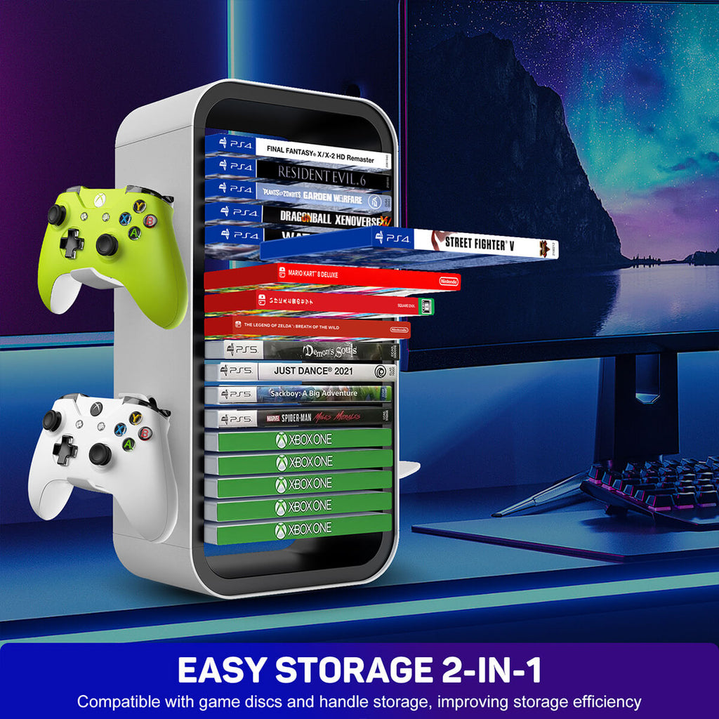 KP06 Game Storage Tower with dual-purpose storage for game discs and controllers. Enhances gaming setup with efficient and stylish organization.