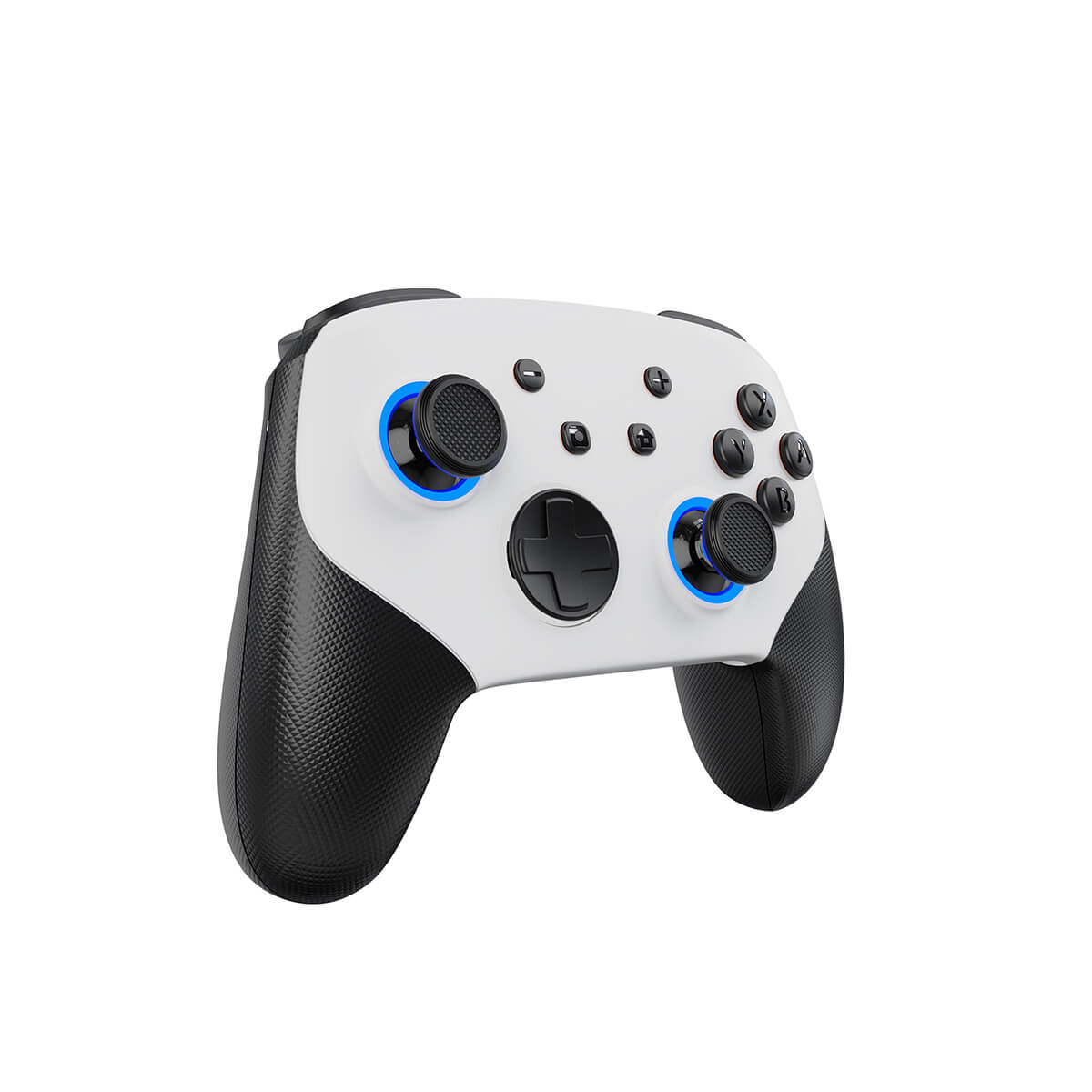 KS11 Wireless Pro Controller in a sleek white and black design with blue LED accents, offering a stylish and ergonomic gaming accessory.