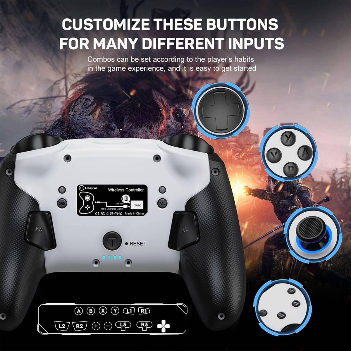 KS11 Wireless Pro Controller with customizable buttons, enabling players to set combos and adjust inputs for a personalized gaming experience.