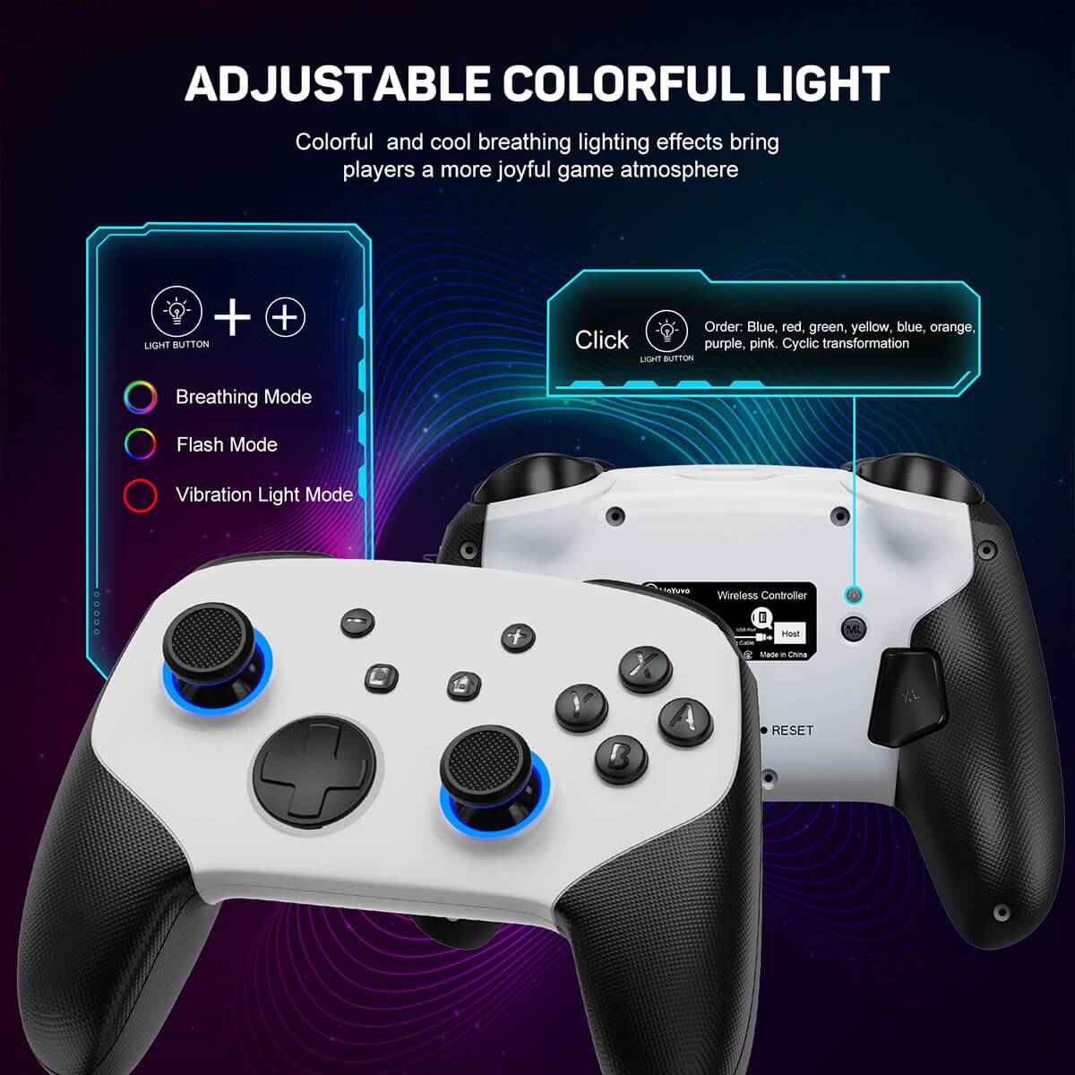 KS11 Wireless Pro Controller with adjustable colorful lighting modes, including breathing, flash, and vibration light effects for immersive gameplay.